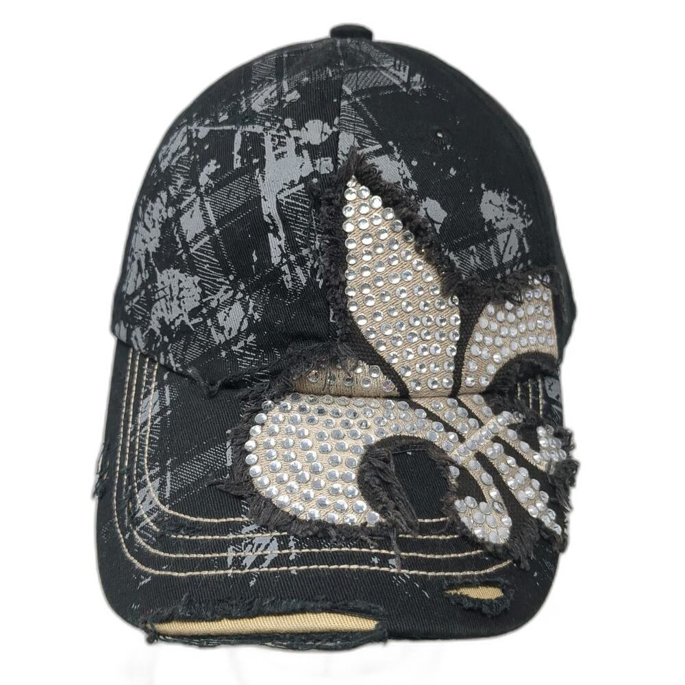 Leader Baseball Cap Black One Size Studded Rhinestone Fleur De Lis Cotton Hat